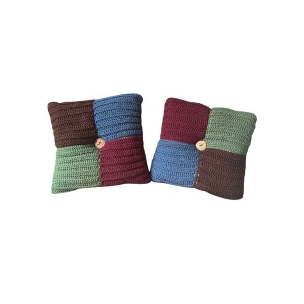Handmade Fall Multicolor Reversible Crochet Throw Pillow Retro 70s Vibe 13" GIFT